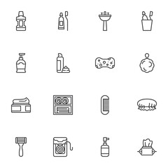 Personal Hygiene line icons set, outline vector symbol collection, linear style pictogram pack. Signs, logo illustration. Set includes icons as mouthwash, toothpaste, soap, sponge, cream, shave foam