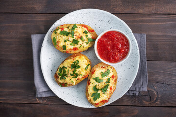 Baked potatoes in the peel stuffed with cheese with garlic and herbs. Copy space