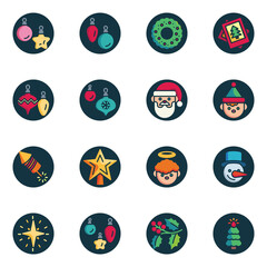 Merry Christmas elements collection, flat icons set, Colorful symbols pack contains - xmas tree decoration, bauble, invitation card, santa, fireworks rocket . Vector illustration. Flat style design