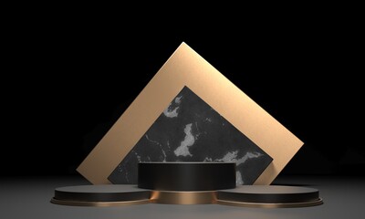 Round pedestals, black marble cylinder - 3d render illustration. Sculptural composition for creative advertising. Empty podium, base for product promotion. Luxury Black dark golden mockup