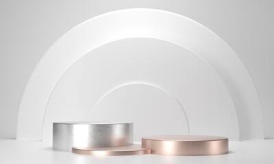 Round pedestals, white golden cylinder - 3d render illustration. Sculptural composition for creative advertising. Empty podium, base for product promotion. Luxury white gold background