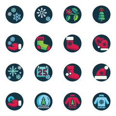Christmas decoration elements collection, flat icons set, Colorful symbols pack contains - snowflake, holly berry, xmas sock, winter hat, calendar, gloves . Vector illustration. Flat style design