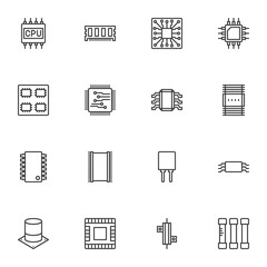 Computer microchip line icons set, outline vector symbol collection, linear style pictogram pack. Signs logo illustration. Set includes icons as electronic components, CPU microprocessor, microcircuit