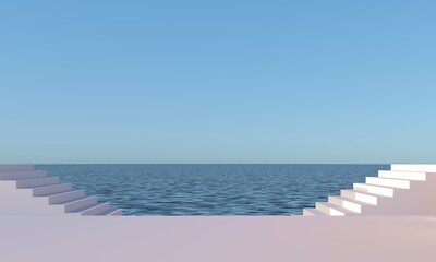 Staircase, steps in ocean, sea  - paradise view. White stone sculpture. Podium, pedestal for mockup design. Sunny summer advertising composition. Empty space for mockup. 3d render illustration
