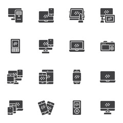 Electronics and devices vector icons set, modern solid symbol collection, filled style pictogram pack. Signs, logo illustration. Set includes icons as PC monitor, laptop computer screen, mobile phone