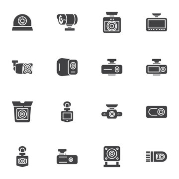 DVR camera vector icons set, modern solid symbol collection, filled style pictogram pack. Signs, logo illustration. Set includes icons as car security camera, dvr system