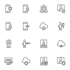 GDPR privacy line icons set, outline vector symbol collection, linear style pictogram pack. Signs, logo illustration. Set includes icons as smartphone data protection, security information, cloud lock