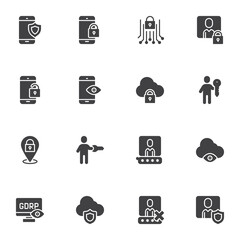 GDPR privacy vector icons set, modern solid symbol collection, filled style pictogram pack. Signs, logo illustration. Set includes icons as smartphone data protection, security information, cloud lock