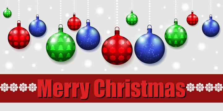 Merry Christmas greeting card template. Winter white, silver background with Xmas toys. Three colors of balls. Vector illustration.