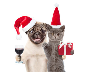 Pug puppy holds glass of a wine. Funny cat holds gift box. Pets wearing red christmas hats. isolated on white background