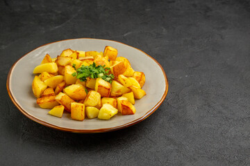 front view tasty fried potatoes inside plate with greens on a dark background oil french fries food photo color dinner