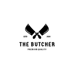 Vintage Retro Butcher Shop Label Logo Design with Crossed Cleavers