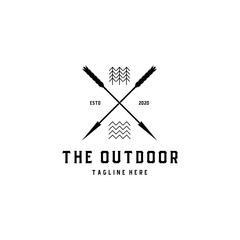 Vintage Hipster The Outdoor Lettering Logo with Crossed Arrows Pine Tree and wave Logo Design