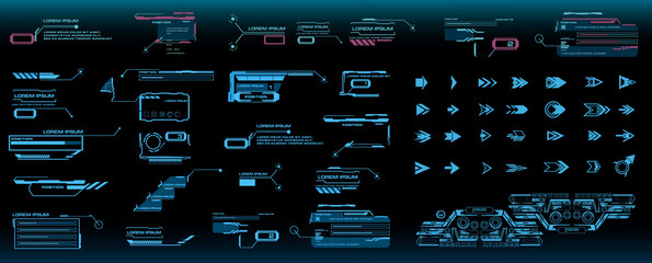 HUD elements pack. Сyber style. Techno frames, callouts, information blocks, robotics elements. Cyber techno frame for the HUD user interface