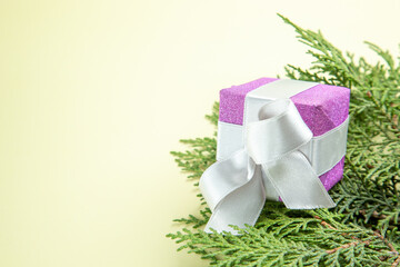 front view cute little presents with green branches on white background holiday xmas gift color new year photo