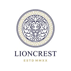 lion round seal crest outline monoline logo vector icon illustration