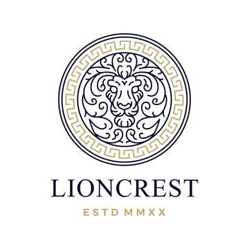 lion round seal crest outline monoline logo vector icon illustration