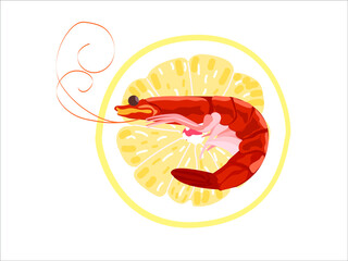 Red Royal Shrimp on a background of yellow lemons on white isolated background