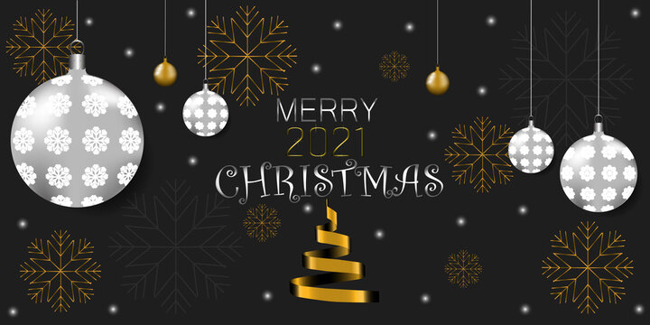 Merry Christmas 2021 banner on a black background. Logo, gold and silver balls toys with snowflakes. Vector illustration.