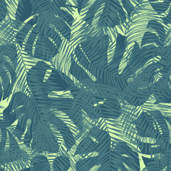 Palm leaves and silhouettes monstera leaf on a light green background in a seamless pattern. Outlines drawn by hand in ink. Botanical tropical backdrop. Plants jungle. 