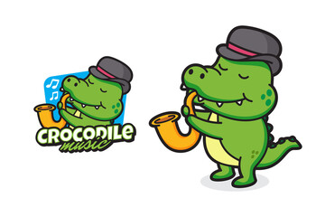 Crocodile music mascot logo design isolated background, crocodile playing saxophone