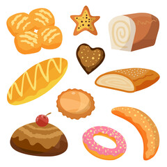 Bakery and pastry products icons set with various sorts of bread, sweet buns, croissant, bagel, donut, for bakery shop or food design