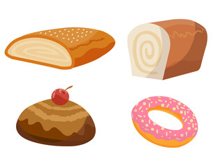 Bread bakery assortiment. Set of baking pastry products for bakery menu, recipe book. Cartoon cute characters of baguette, croissant, cookies, buns