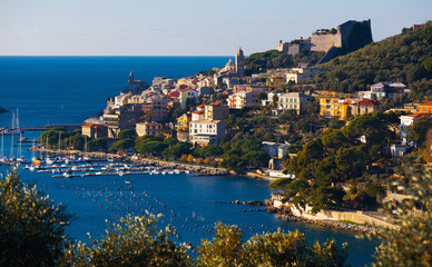 Panoramic view of colorful Portovenere with Doria Castle on Ligurian coast of Italy