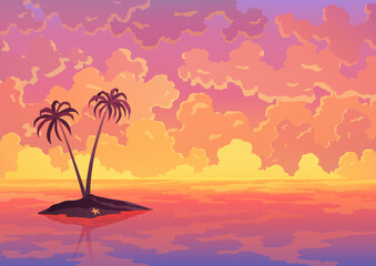 Landscape banner. Evening or morning view, sunset or sunrise in ocean. Pink clouds flying in sky to shining sun above sea with two palm on island sticking up of water surface. Cartoon illustration