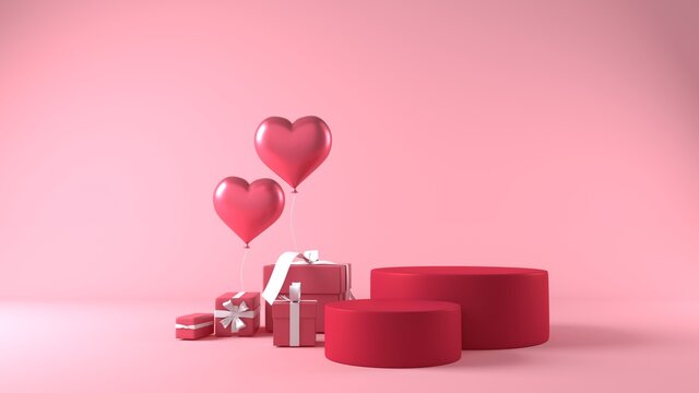 Pink Podium In Valentines Background With Decorations