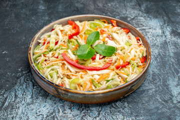 front view delicious vegetable salad inside tray on grey background meal photo color food health