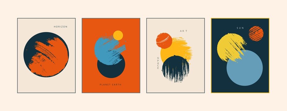 Set of modern, minimal, colorful posters, cards, brochures, covers. Simple geometric shapes with grunge texture. Primitive style. Space, planet, sunnn concept.