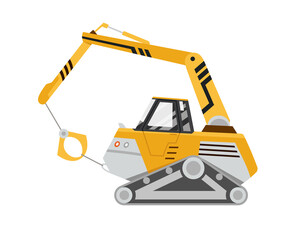 Machine for the destruction of buildings. Yellow excavator. Isolated on white background. Special equipment. Construction machinery. illustration.