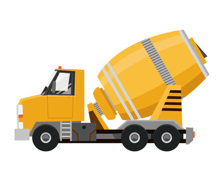 Concrete mixer. Yellow truck with special equipment. Isolated on white background. Construction machinery. Flat style.