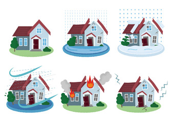 災害に遭う住宅のベクターイラストセット　水害・雪害・台風・火災・地震