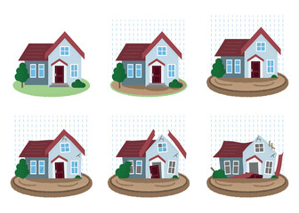 水害に遭う住宅のベクターイラストセット