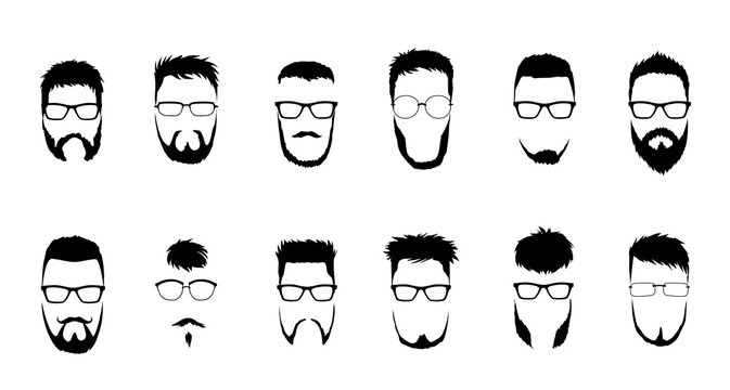 Set of bearded men faces, hipsters with different haircuts, mustaches, beards. Silhouettes, emblems, icons, labels.