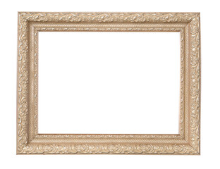 Delicate carved patterned retro gold or soft pink or bronze thin wooden frame for photos, text, images or paintings isolated on a white background