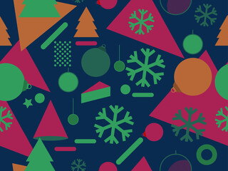Christmas seamless pattern with Christmas decorations and geometric shapes in 80s style. Festive background for greeting cards, wrapping paper and banners. Vector illustration
