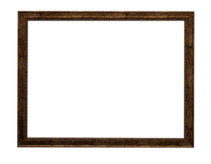 Thin square frame of classic dark brown with pattern of gold or bronze made of aged wood: space for text, picture, photo, image, text, isolated on a white background