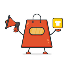 Cute shopping bag. Illustration vector graphic shop bag cartoon character with clothing icon and holding megaphone. Perfect for Ecommerce, Symbol of promotion sale, store web element.
