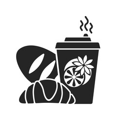 Icon plastic cup mulled wine with curasan and bun. Isometric mulled wine plastic cup vector icon for web design isolated on white background.