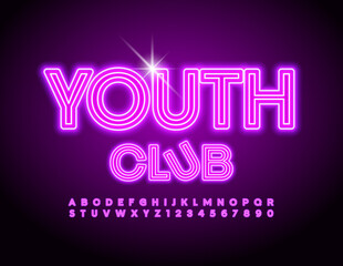 Vector glowing banner Youth Club. Light Tube Font. Violet Neon Alphabet Letters and Numbers set
