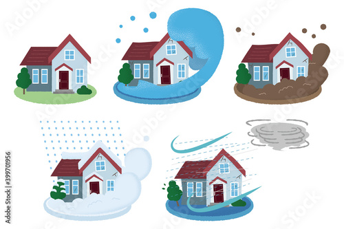 Aufkleber 災害に遭う住宅のベクターイラストセット 水害 土砂災害 雪崩 台風 Icim