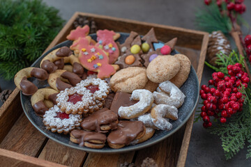 Traditional home made German Christmas Cookies on a festive table