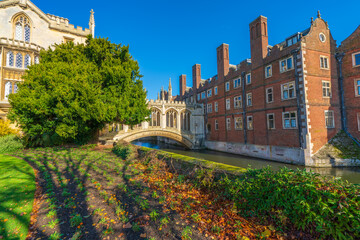 Naklejka premium Bridge of sights at sunny autumn day. Cambridge. England 