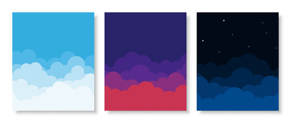 Sky cloud morning day, sunset, and night landscape flat paper style background vector illustration.