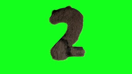 Abstract hairy number 2 two sign fluffy furry digit green screen chroma key animation 3d