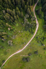 Aerial view of a forest path passing through a picturesque summer meadow and coniferous forest, the Rhodopes in Bulgaria