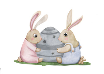 Watercolor cute easter nursery art. Two spring bunnies kids with a decorated egg with stars on a grass. Ideal for prints, posters, textile design template.